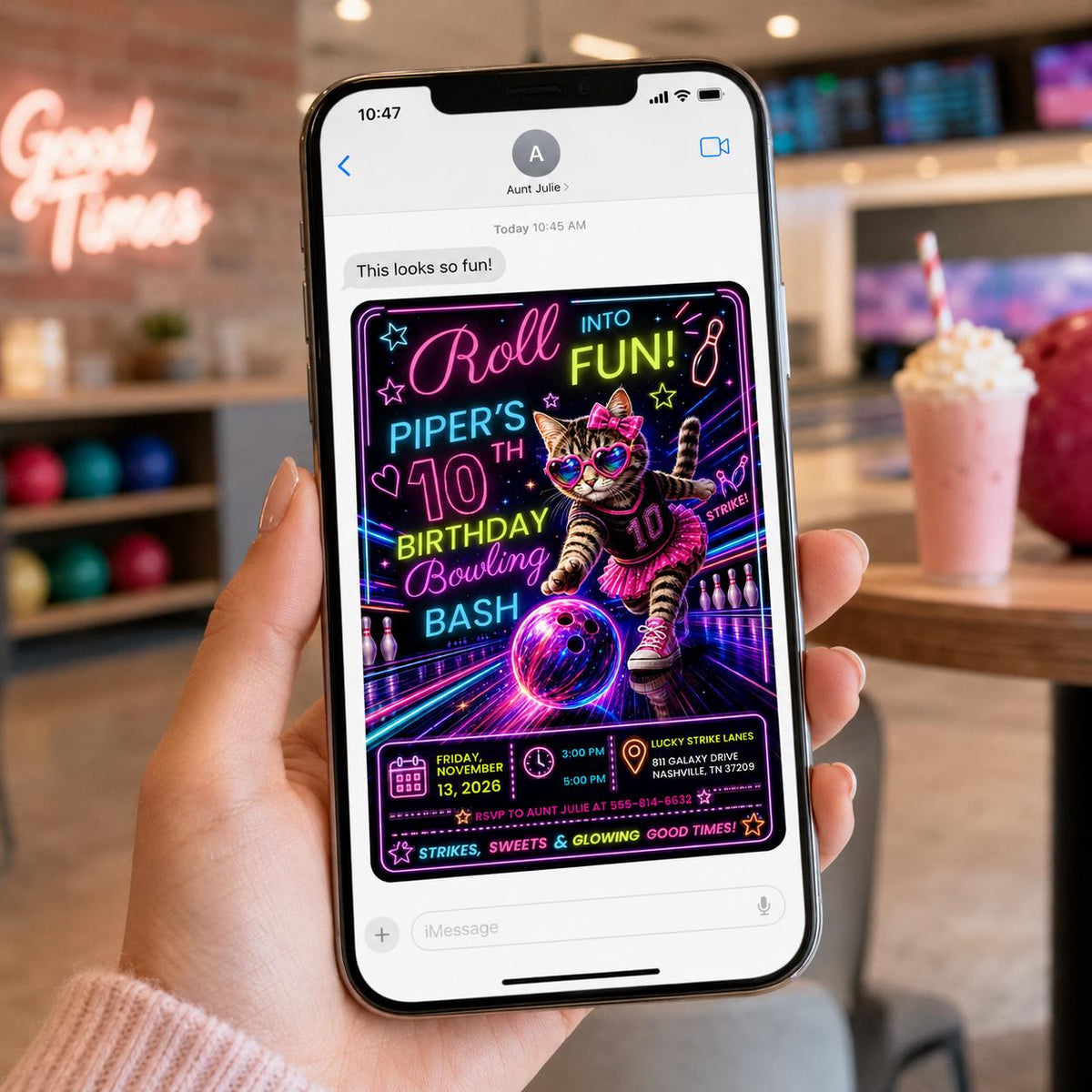 Neon Bowling 10th Birthday Invitation — invitation you personalize in Canva