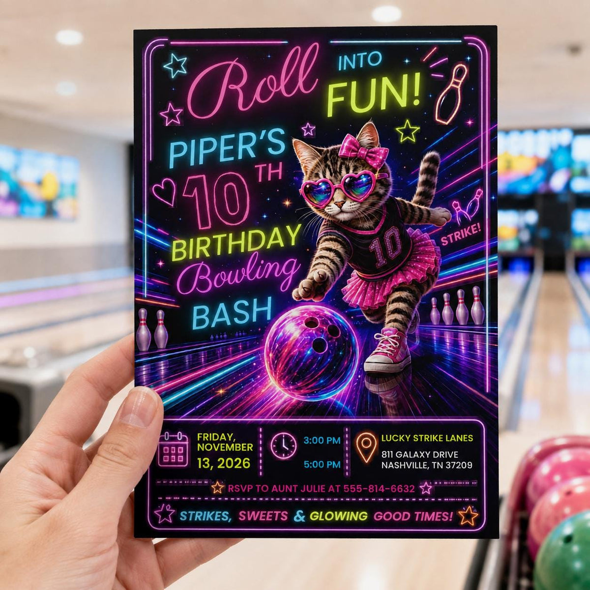 Neon Bowling 10th Birthday Invitation — print-ready 10th birthday party design from VoltBy