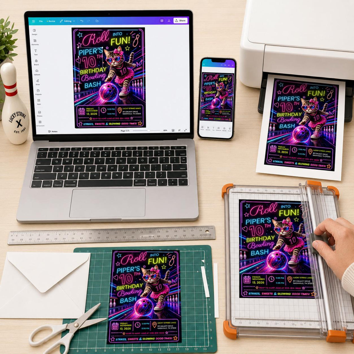 Neon Bowling 10th Birthday Invitation — digital invitation, instant download