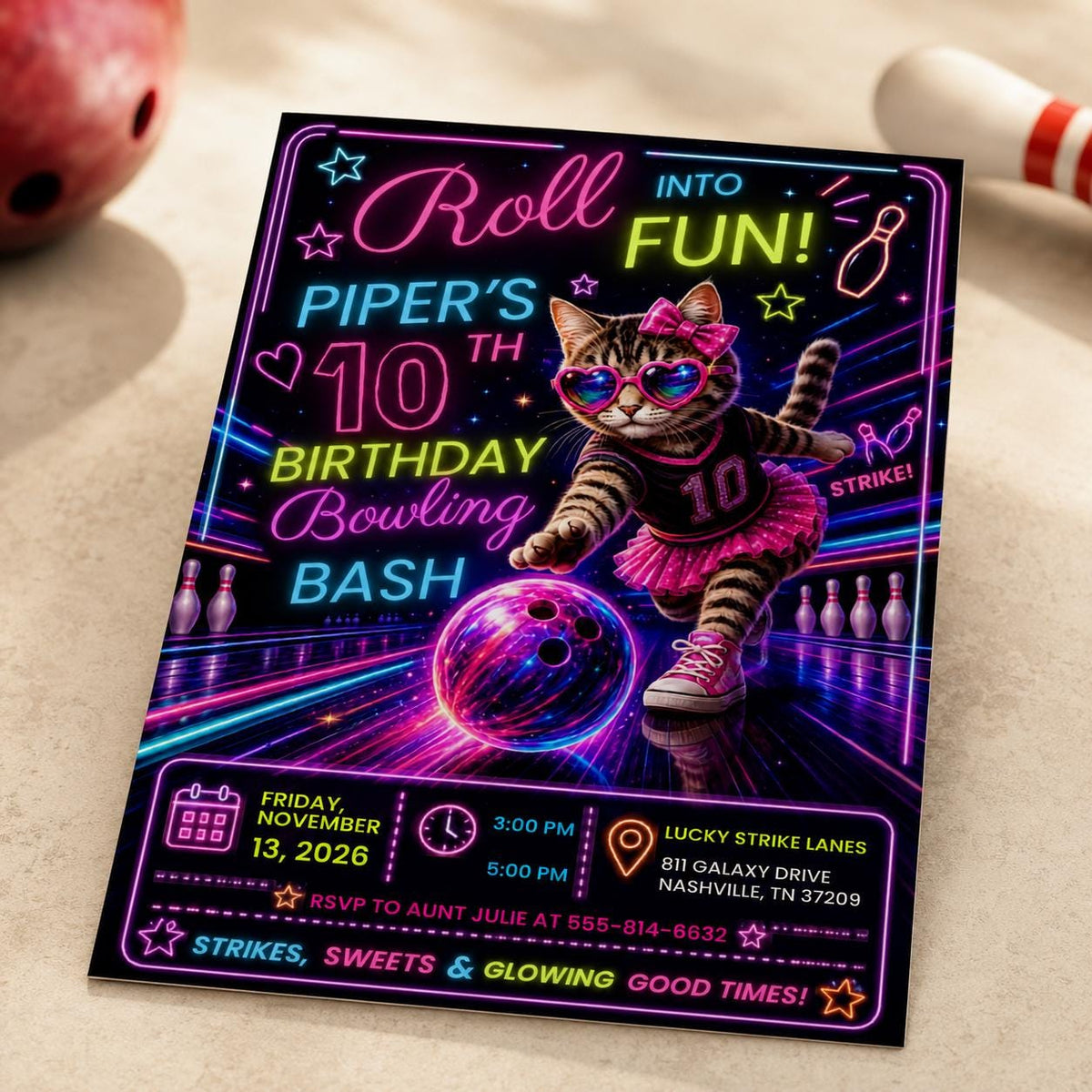 Neon Bowling 10th Birthday Invitation — 10th birthday party stationery by VoltBy