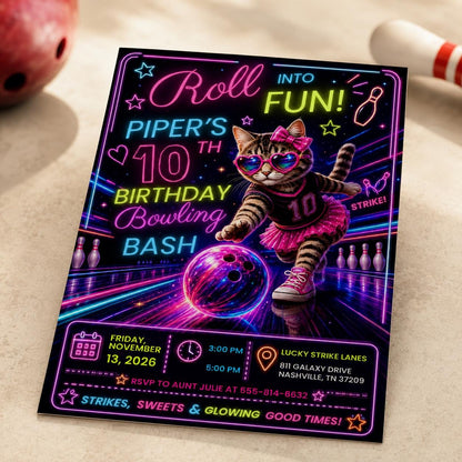 Neon Bowling 10th Birthday Invitation — 10th birthday party stationery by VoltBy