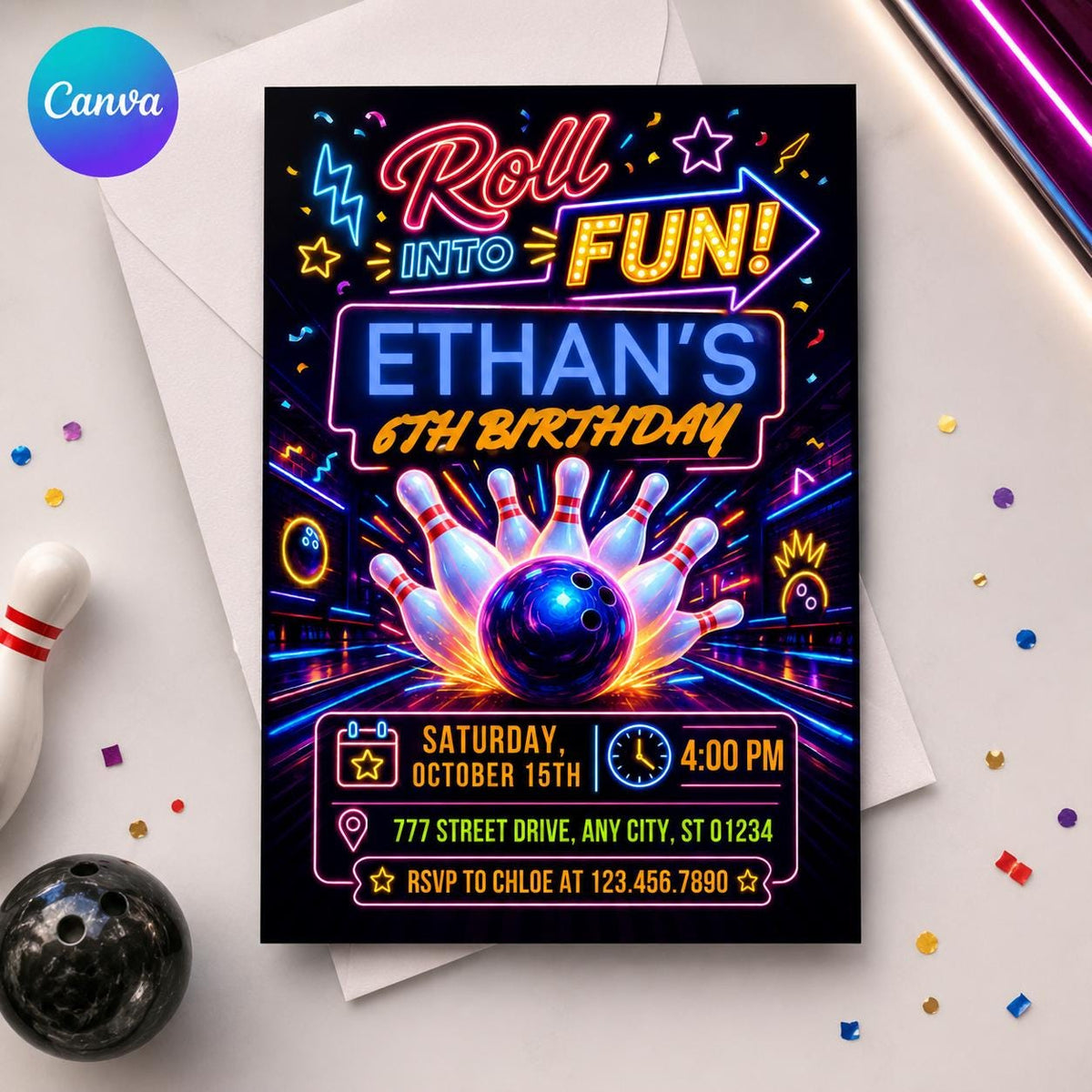 Neon Bowling 6th Birthday Invitation — editable Canva template
