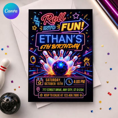 Neon Bowling 6th Birthday Invitation — editable Canva template