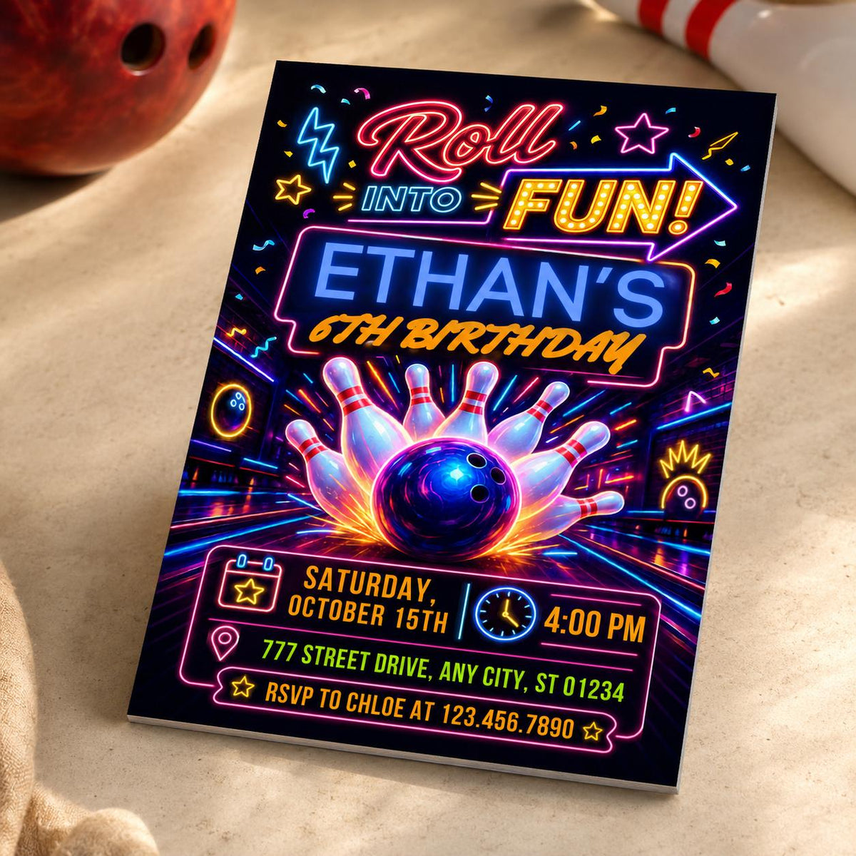 Neon Bowling 6th Birthday Invitation — invitation you personalize in Canva