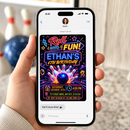 Neon Bowling 6th Birthday Invitation — print-ready 6th birthday party design from VoltBy