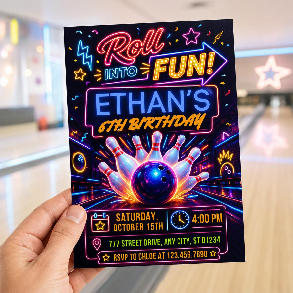 Neon Bowling 6th Birthday Invitation — digital invitation, instant download