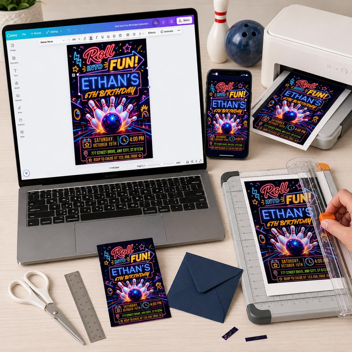 Neon Bowling 6th Birthday Invitation — 6th birthday party stationery by VoltBy