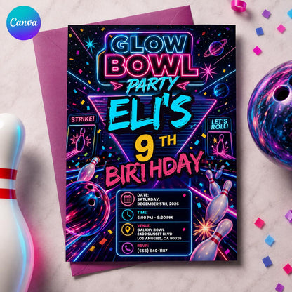 Neon Bowling 9th Birthday Invitation — editable Canva template