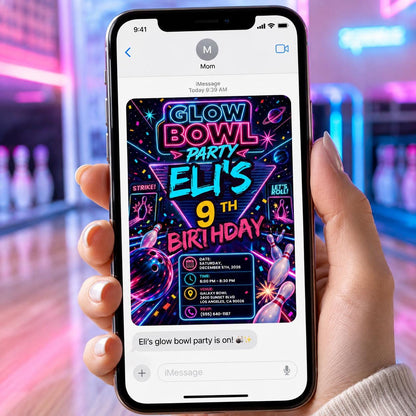 Neon Bowling 9th Birthday Invitation — gaming design