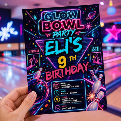 Neon Bowling 9th Birthday Invitation — invitation you personalize in Canva