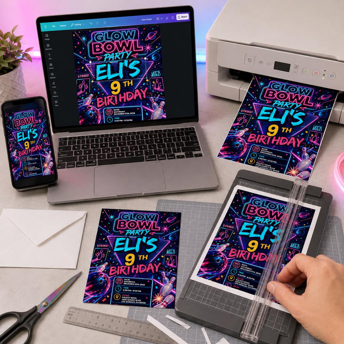 Neon Bowling 9th Birthday Invitation — print-ready 9th birthday party design from VoltBy