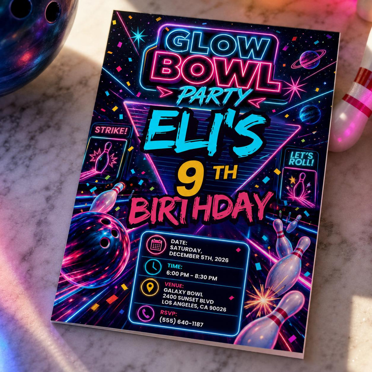 Neon Bowling 9th Birthday Invitation — digital invitation, instant download