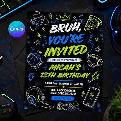 Neon Bruh 13th Birthday Invitation for Boys — editable Canva template