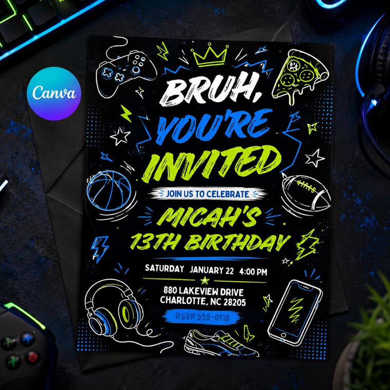 Neon Bruh 13th Birthday Invitation for Boys
