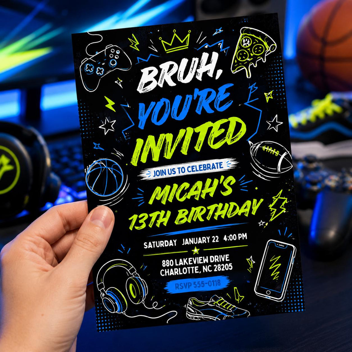 Neon Bruh 13th Birthday Invitation for Boys — gaming and sports design