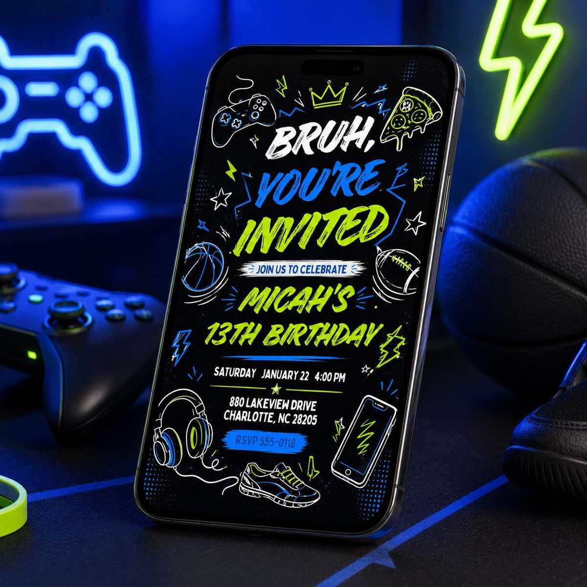 Neon Bruh 13th Birthday Invitation for Boys — invitation you personalize in Canva