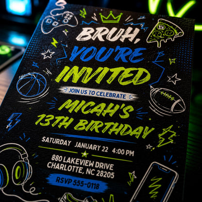 Neon Bruh 13th Birthday Invitation for Boys — print-ready 13th birthday party design from VoltBy