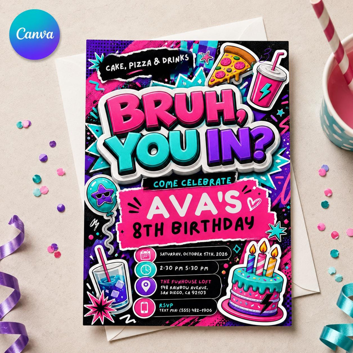 Neon Bruh 8th Birthday Invitation for Girls — editable Canva template