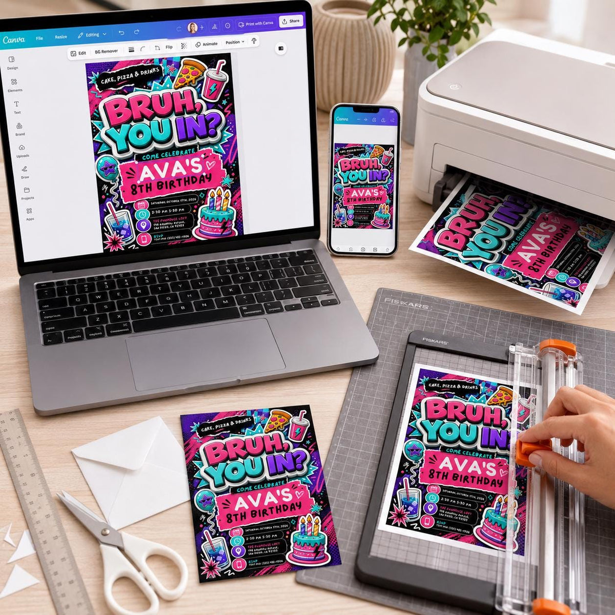 Neon Bruh 8th Birthday Invitation for Girls — invitation you personalize in Canva