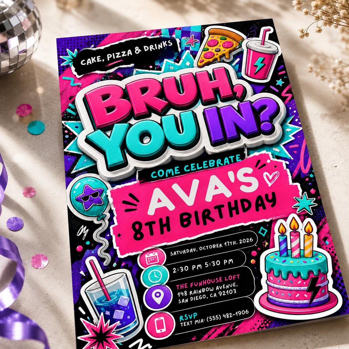 Neon Bruh 8th Birthday Invitation for Girls — print-ready 8th birthday party design from VoltBy