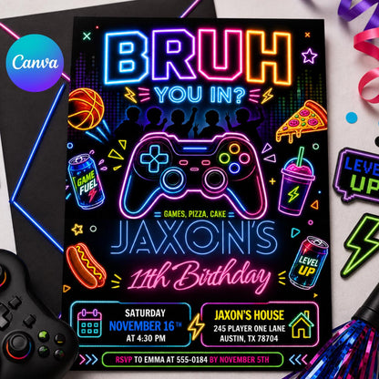 Neon Bruh Gaming 11th Birthday Invitation — editable Canva template