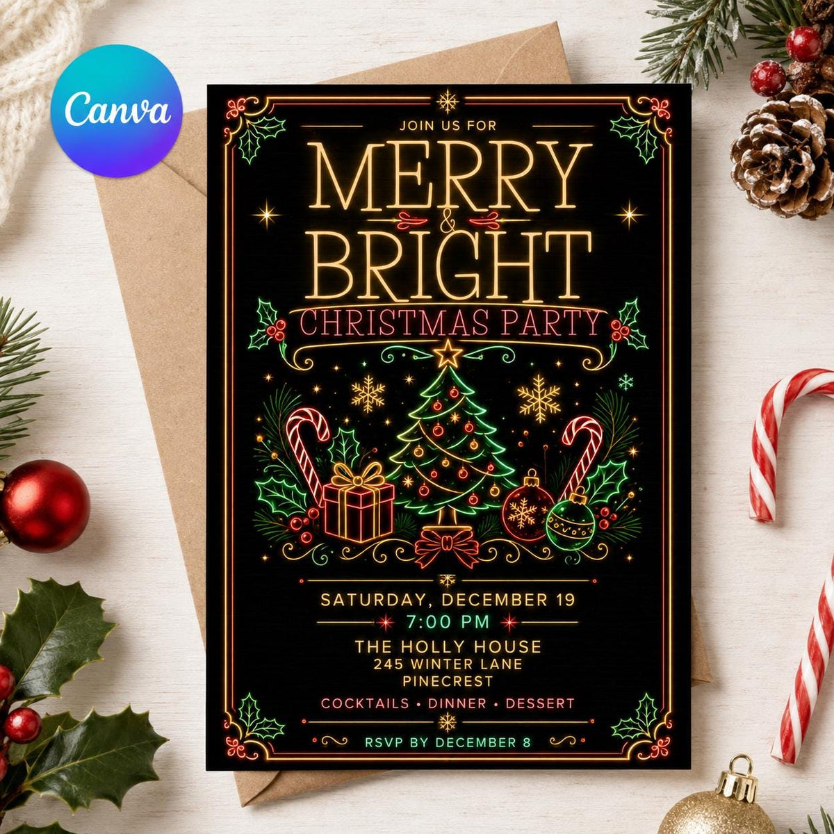Neon Christmas Party Invitation — editable Canva template