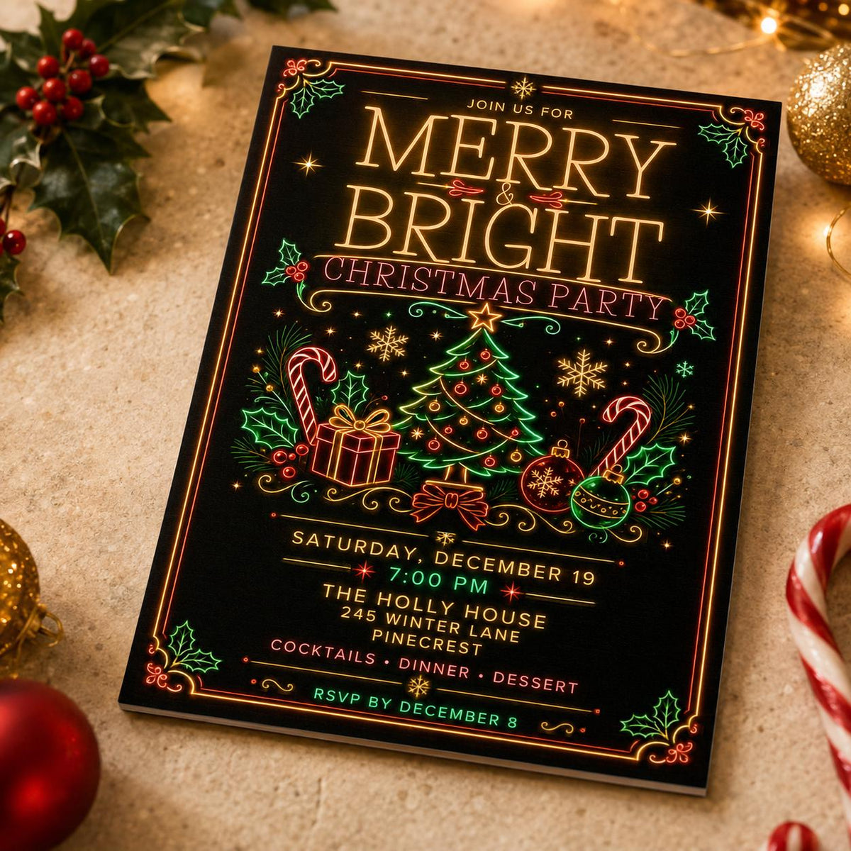 Neon Christmas Party Invitation — digital invitation, instant download