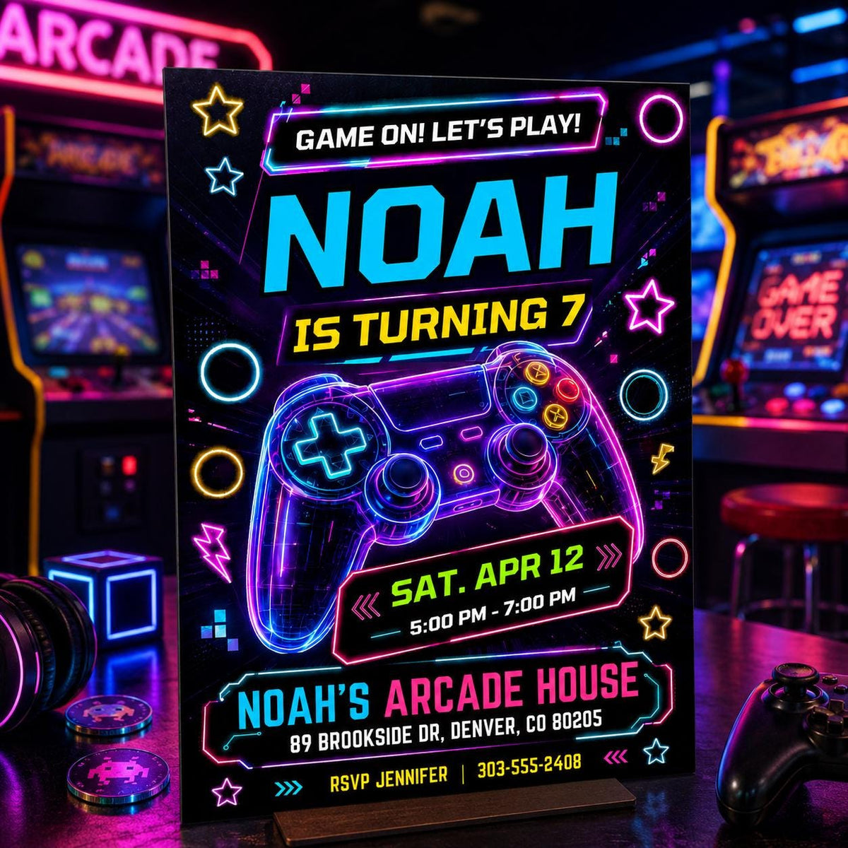 Neon Controller Game On 7th Birthday Invitation — 7th birthday party stationery by VoltBy