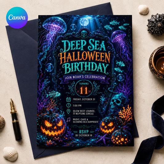 Neon Deep Sea Halloween 11th Birthday Invitation — editable Canva template