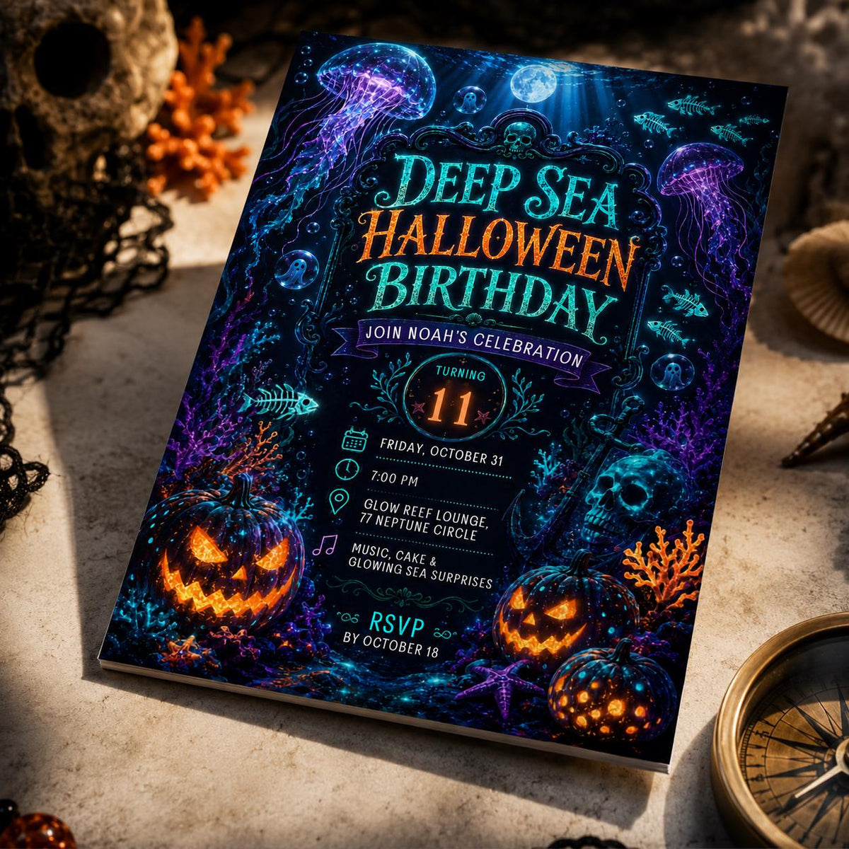 Neon Deep Sea Halloween 11th Birthday Invitation — ocean design