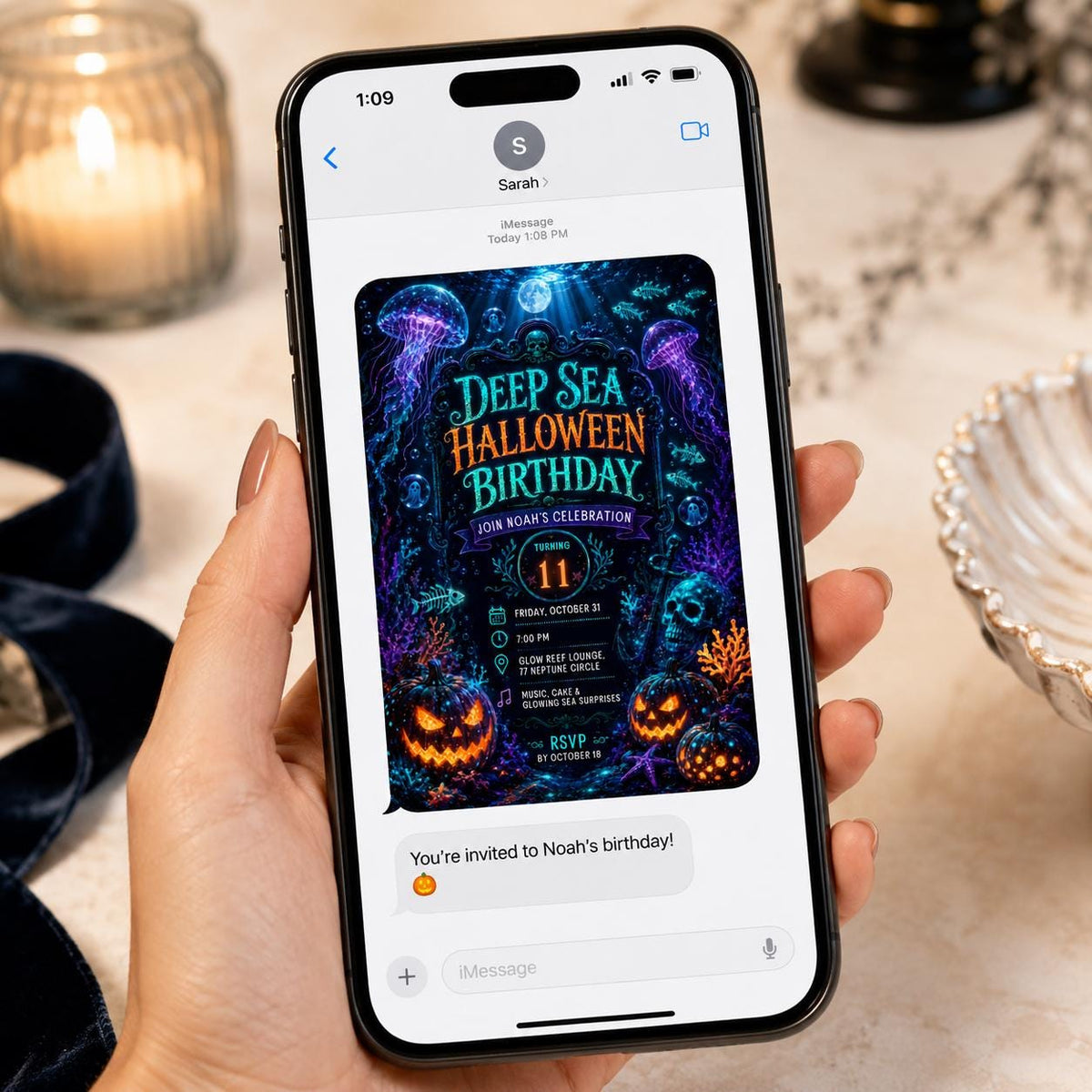 Neon Deep Sea Halloween 11th Birthday Invitation — invitation you personalize in Canva