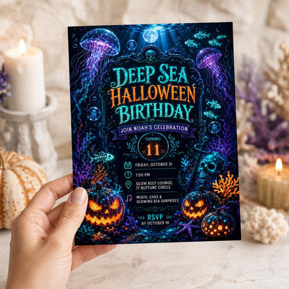 Neon Deep Sea Halloween 11th Birthday Invitation — print-ready 11th birthday party design from VoltBy