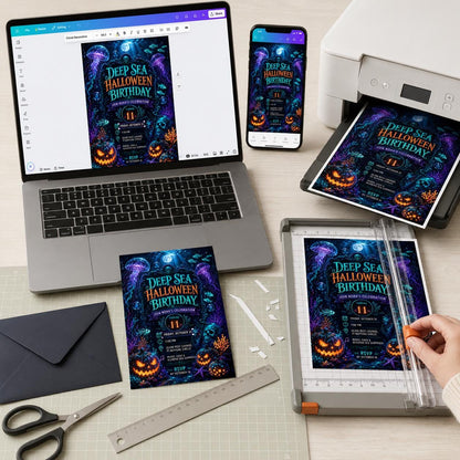 Neon Deep Sea Halloween 11th Birthday Invitation — digital invitation, instant download