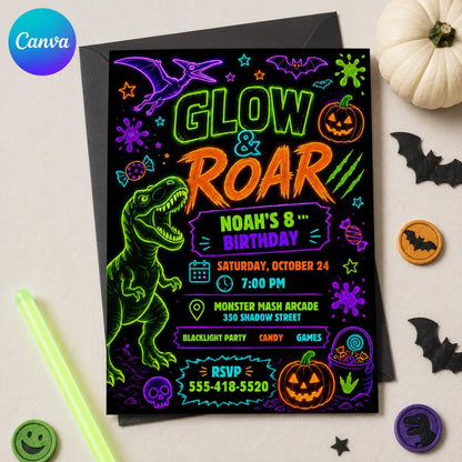 Neon Dinosaur Birthday Invitation — editable Canva template