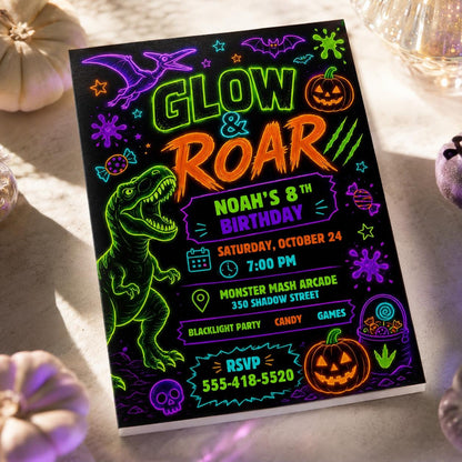 Neon Dinosaur Birthday Invitation — invitation you personalize in Canva