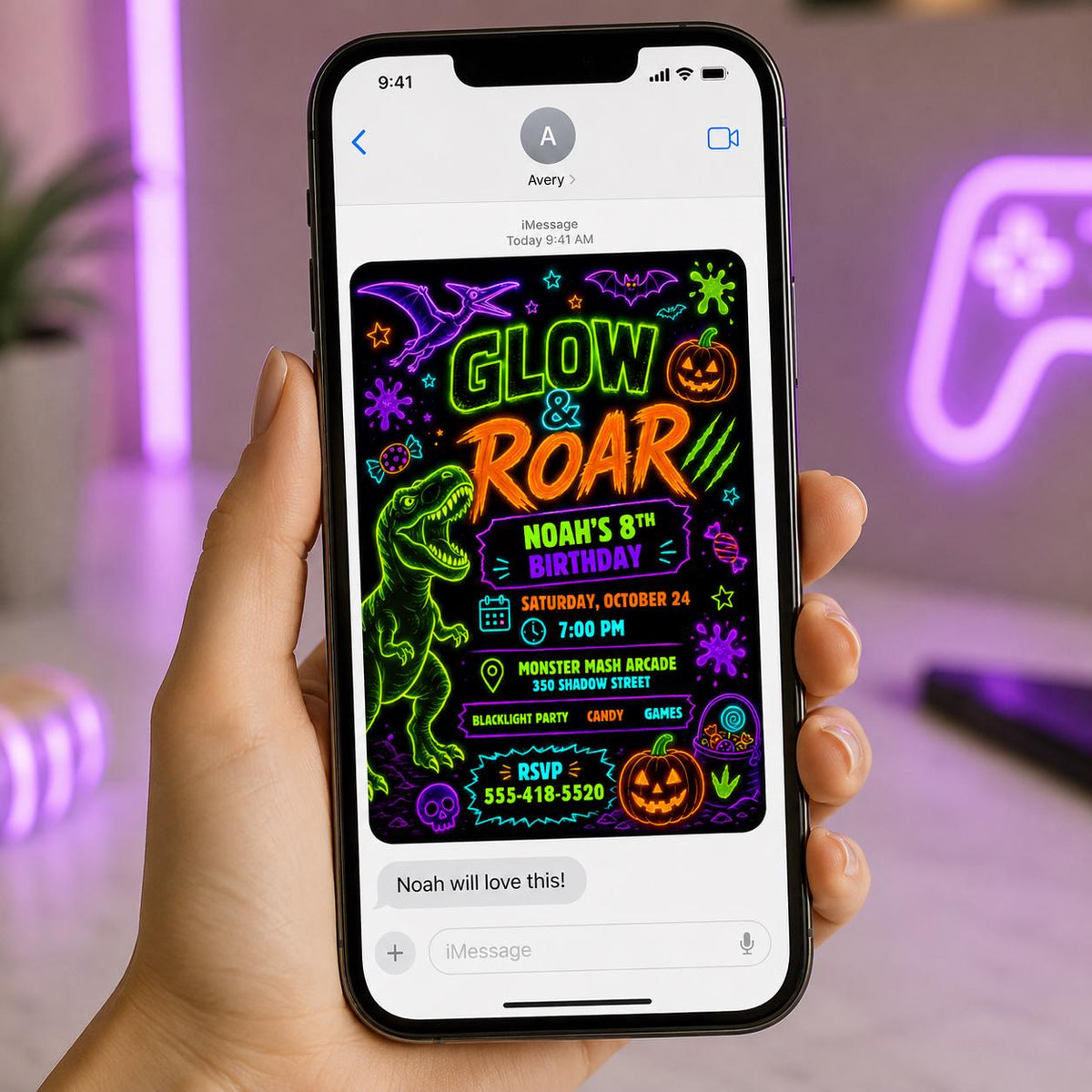 Neon Dinosaur Birthday Invitation — print-ready birthday party design from VoltBy