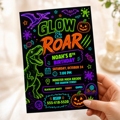 Neon Dinosaur Birthday Invitation — digital invitation, instant download