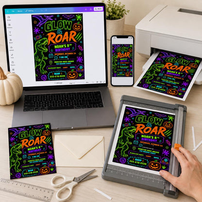 Neon Dinosaur Birthday Invitation — birthday party stationery by VoltBy