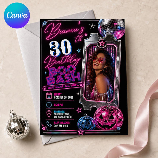 Neon Disco 30th Birthday Invitation — editable Canva template