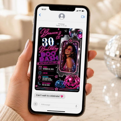 Neon Disco 30th Birthday Invitation — ball and ghost design