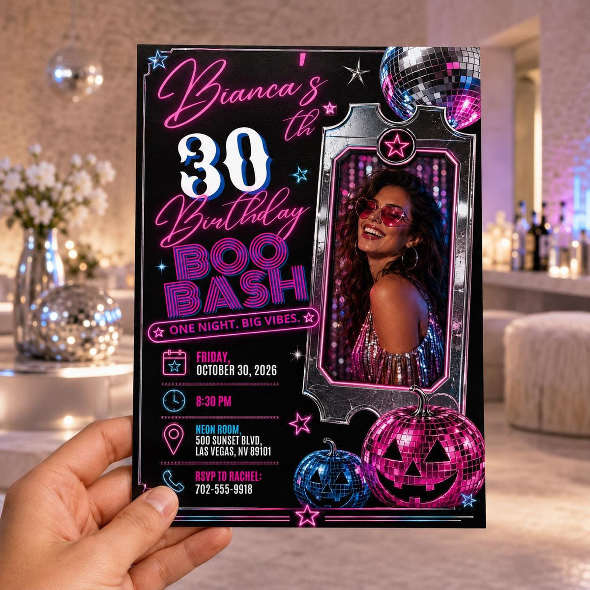 Neon Disco 30th Birthday Invitation — print-ready 30th birthday party design from VoltBy