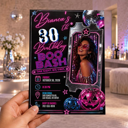 Neon Disco 30th Birthday Invitation — print-ready 30th birthday party design from VoltBy