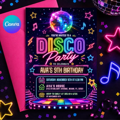 Neon Disco 9th Birthday Invitation with Dance Floor — editable Canva template