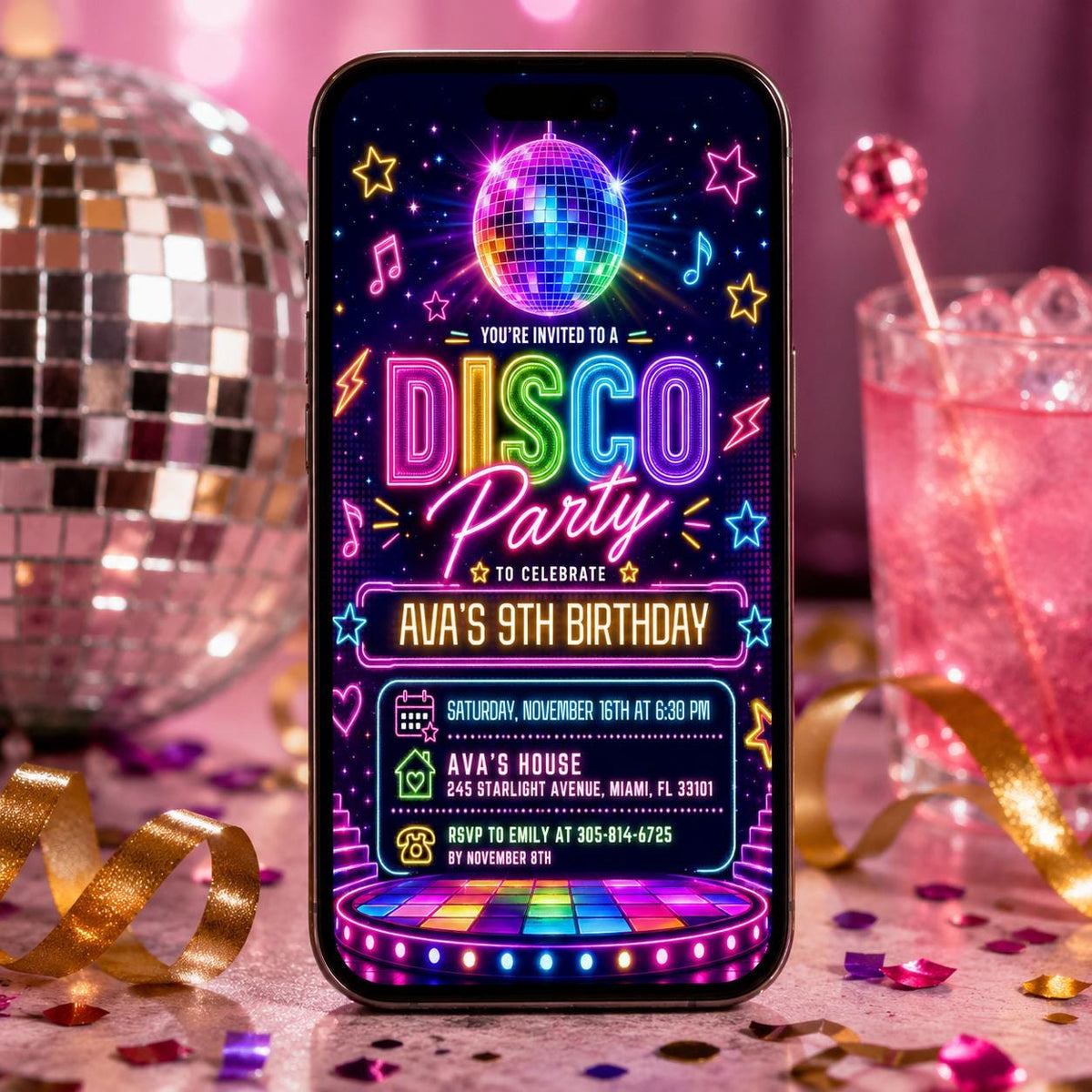 Neon Disco 9th Birthday Invitation with Dance Floor — ball design
