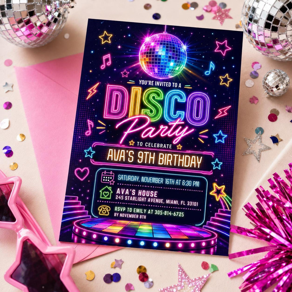 Neon Disco 9th Birthday Invitation with Dance Floor — invitation you personalize in Canva