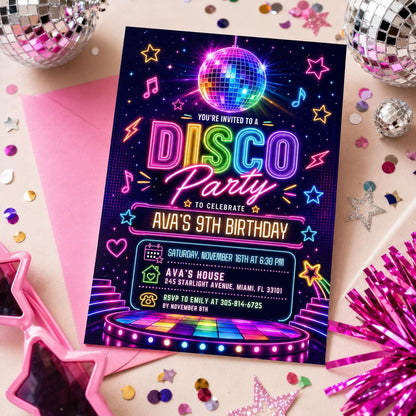 Neon Disco 9th Birthday Invitation with Dance Floor — invitation you personalize in Canva