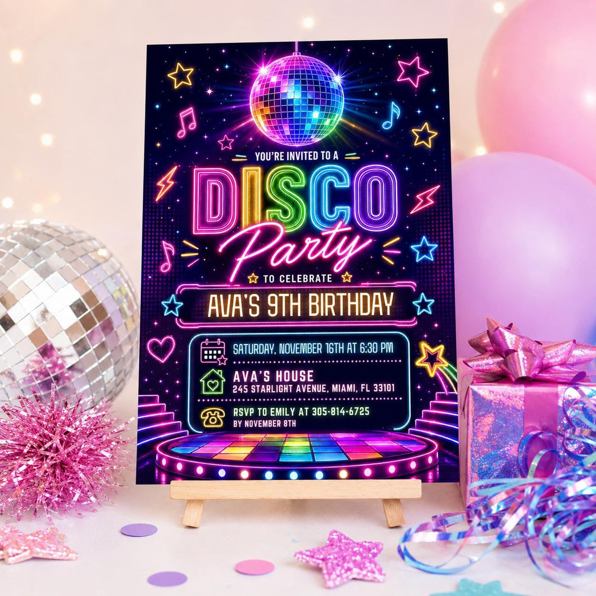 Neon Disco 9th Birthday Invitation with Dance Floor — ball artwork in black and blue