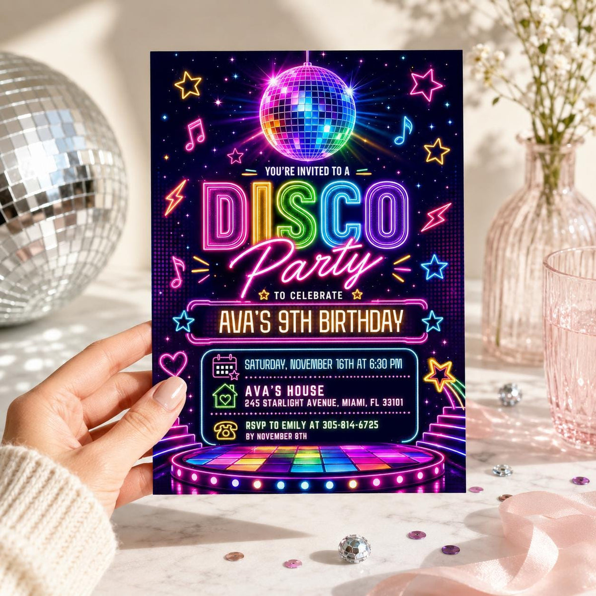 Neon Disco 9th Birthday Invitation with Dance Floor — print-ready 9th birthday party design from VoltBy
