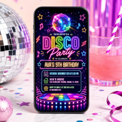 Neon Disco 9th Birthday Invitation with Dance Floor — digital invitation, instant download
