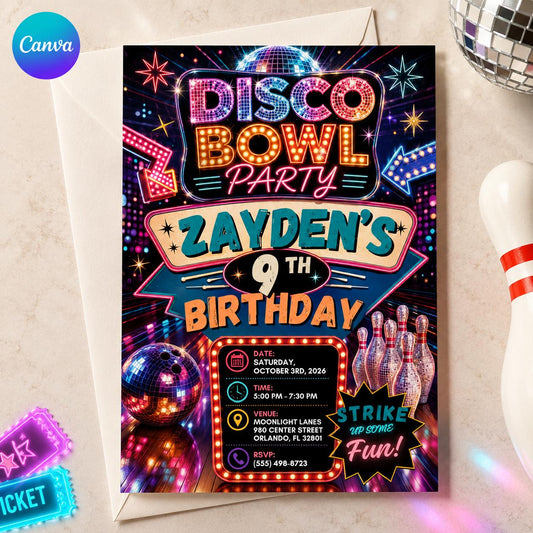 Neon Disco Bowling 9th Birthday Invitation — editable Canva template